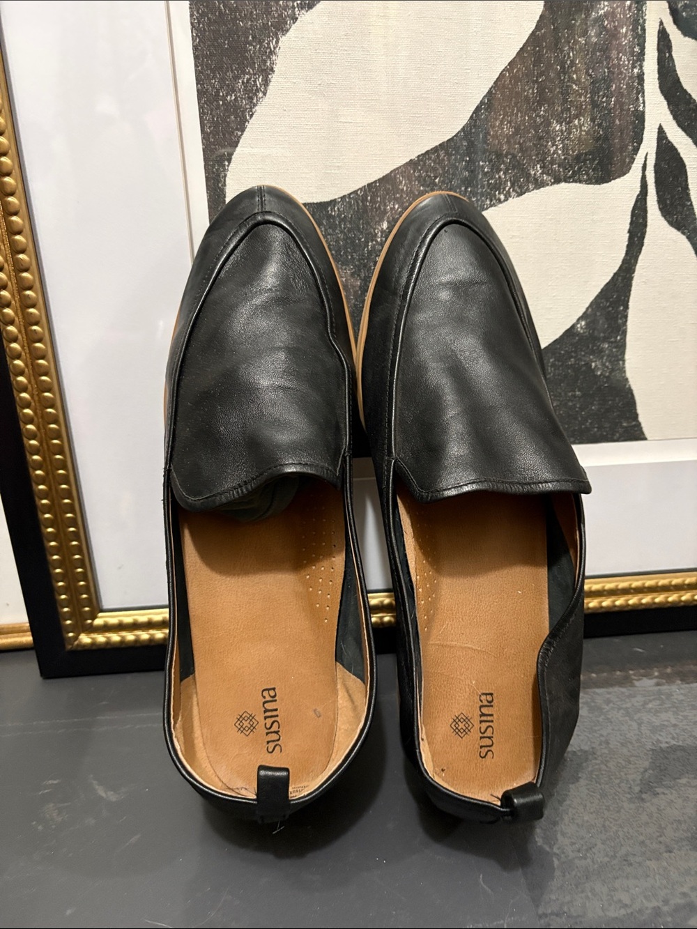 Susina Black Leather Slip-On Loafers with Brown Insole Trim